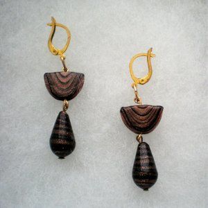 Vintage Gold Brown Dichroic Glass Gold Tone Dangle Drop Earrings Russian Lock